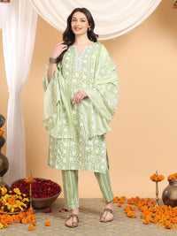 Mamicha Women Ethnic Motifs Printed Regular Thread Work Pure Cotton Kurta with Trousers & With Dupatta