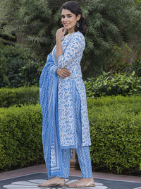 KALINI Floral Printed Mirror Work Straight Pure Cotton Kurta With Trousers & Dupatta