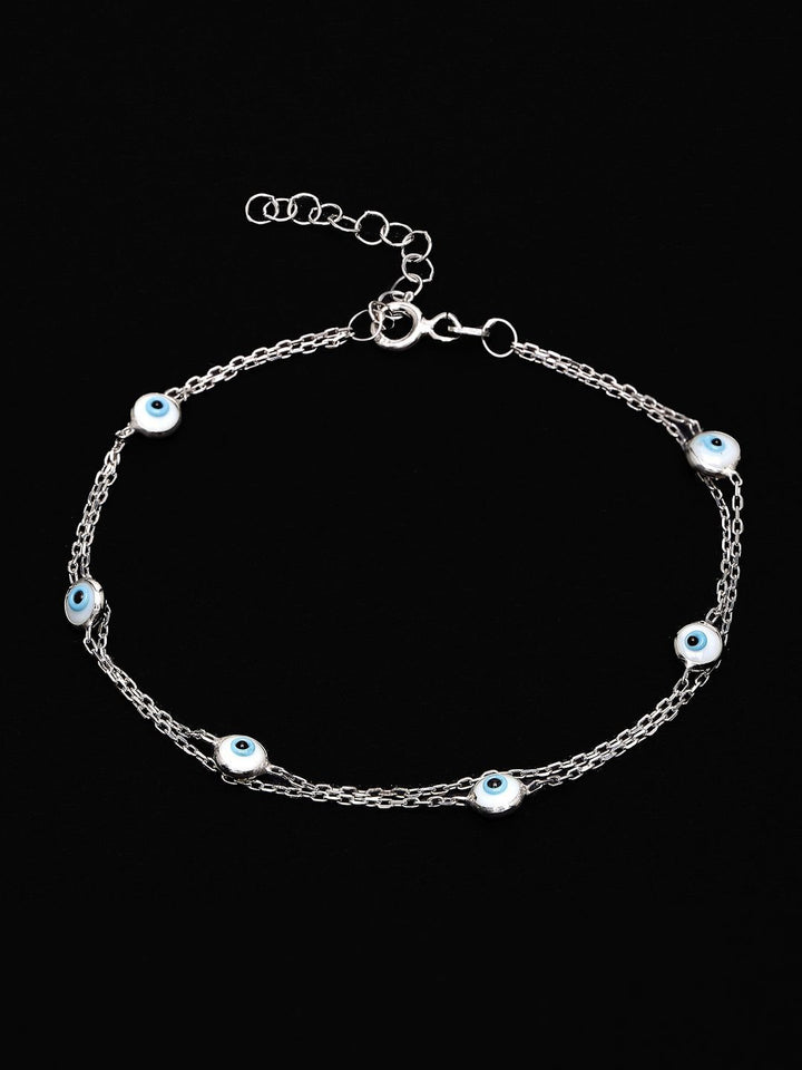 PANASH 925 Sterling Silver Rhodium-Plated Stone Studded Evil Eyes Multistrand Bracelet