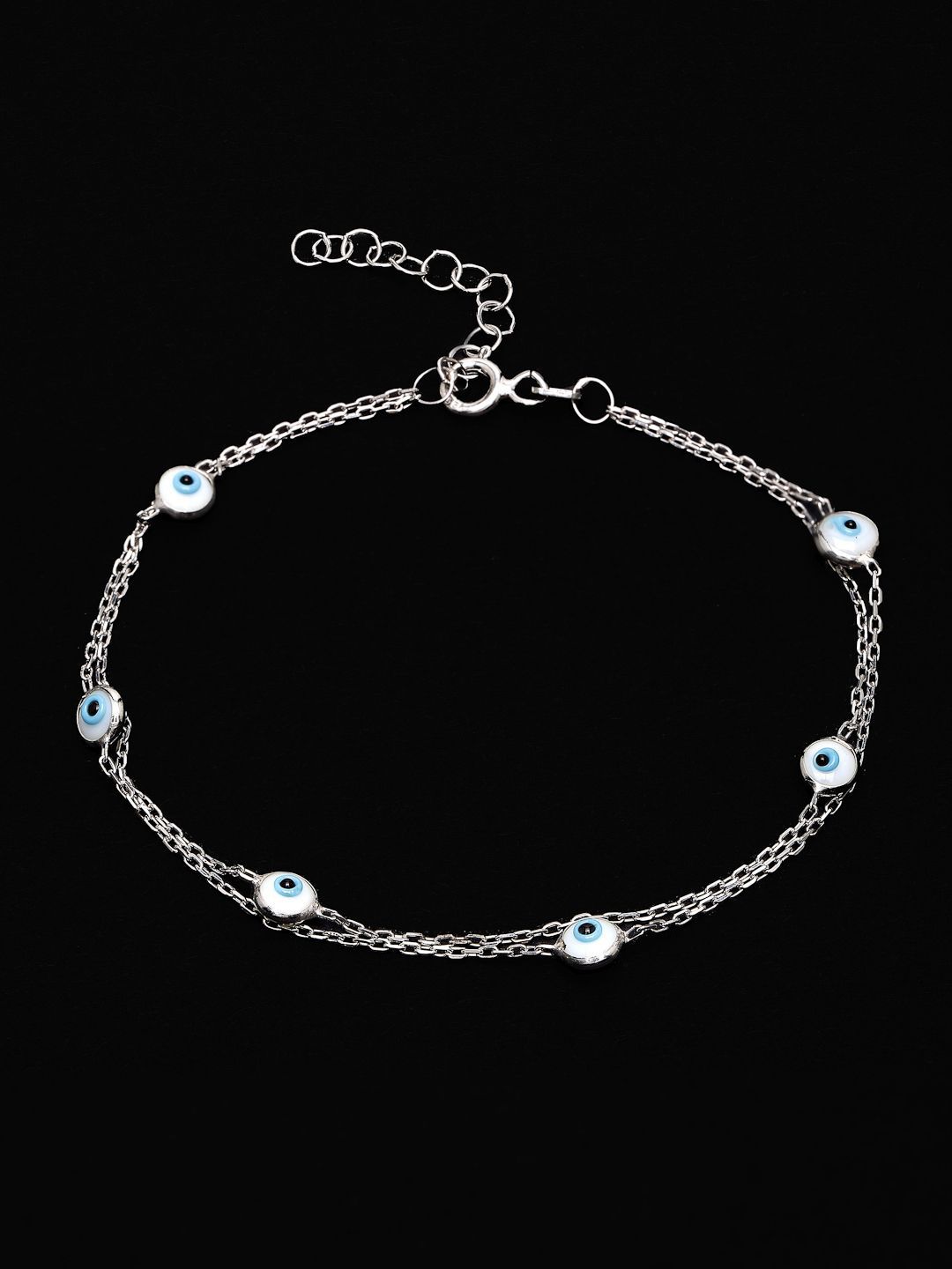 PANASH 925 Sterling Silver Rhodium-Plated Stone Studded Evil Eyes Multistrand Bracelet