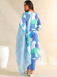 Mamicha Wanita Bercetak Kurta Kapas Tulen Biasa dengan Seluar & Dengan Dupatta