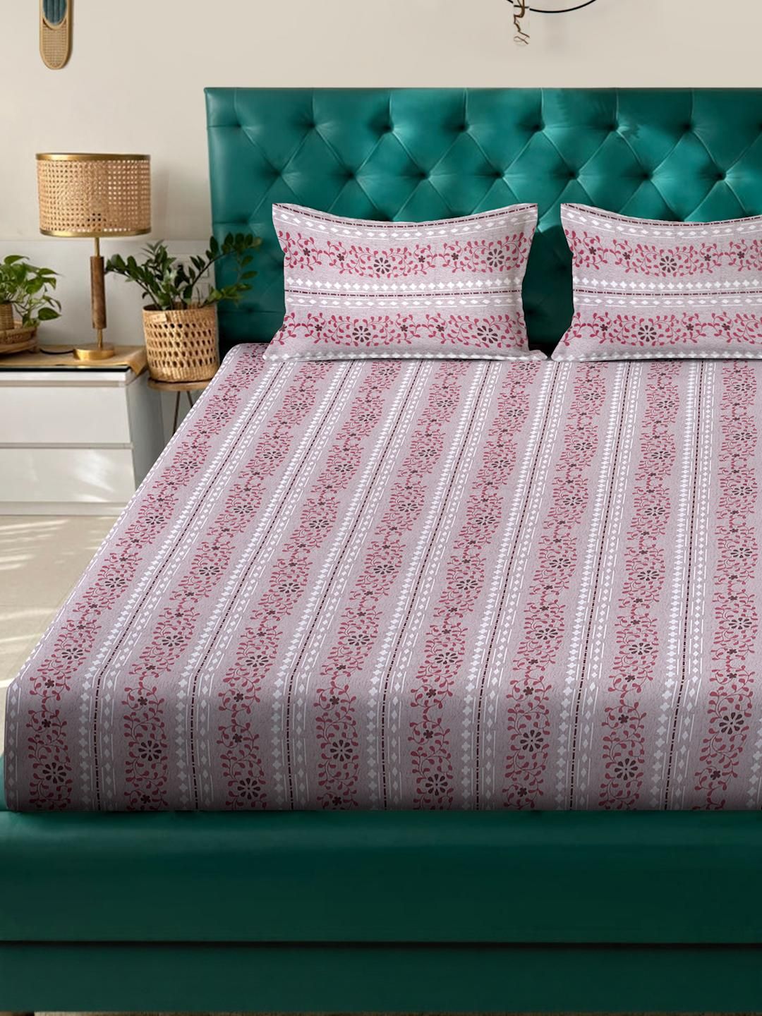 KLOTTHE Set Cadar King Bercetak Bunga Merah Jambu & Putih 400 TC Kapas 2.50 m x 2.25 m