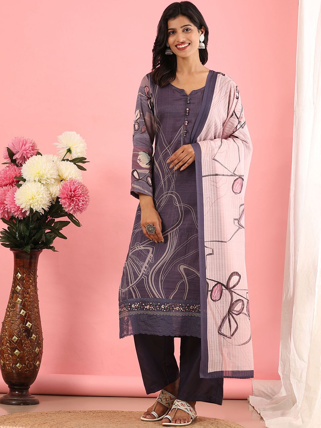 Mamicha Women Printed Regular Pure Cotton Kurta with Trousers & With Dupatta