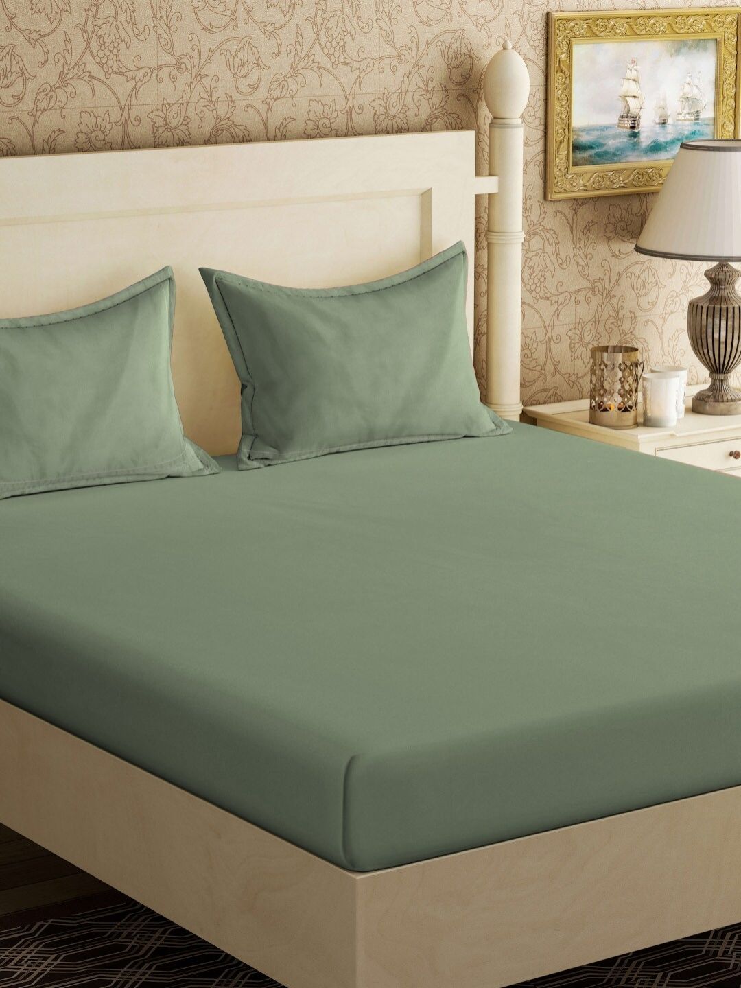 KLOTTHE Green Solid 300 TC Cotton Blend Double King Bedsheet with 2 Pillow Covers