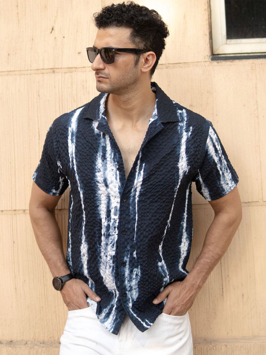 Powerlook Men Navy Blue Printed Regular Fit Half Sleeves Shirt