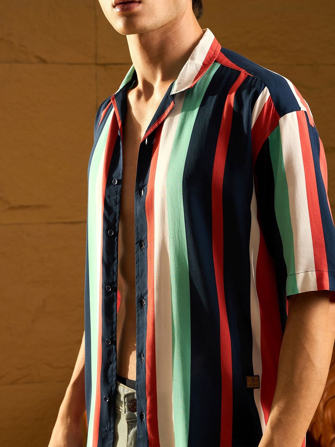 DENNISON Men Relaxed Cuban Collar Vertical Striped Oversized Casual Shirt