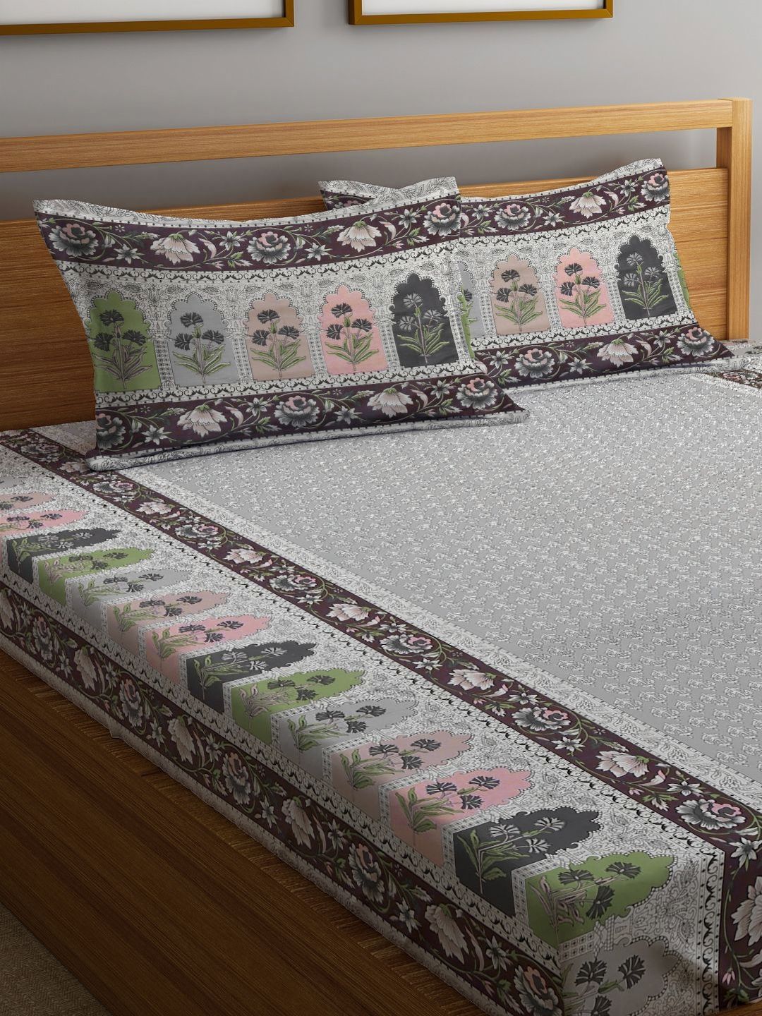Myntra Elegant Homes Grey Ethnic Motifs Cotton 400 TC King Fine Bedsheet with 2 Pillow Covers-250 x 225 cm