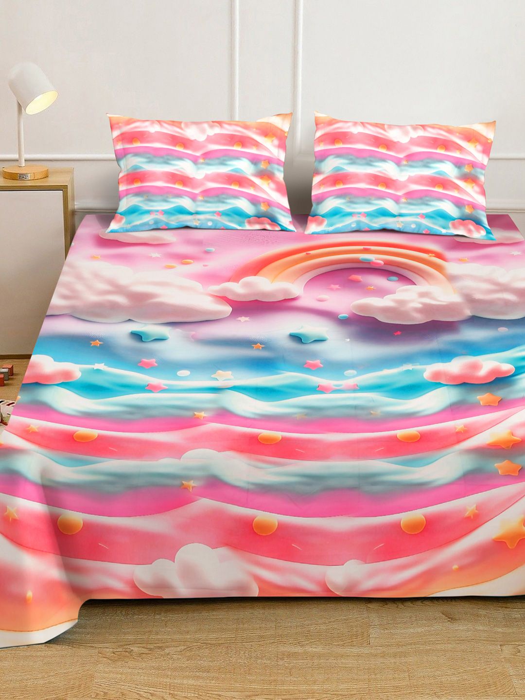 Cetakan Kartun Biru & Merah Jambu Dilengkapi Cadar 7D 400 TC Double King Dengan 2 Sarung Bantal