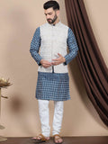 Anouk Teal Blue Ethnic Motifs Woven Design Mandarin Collar Straight Kurta & Nehru Jacket