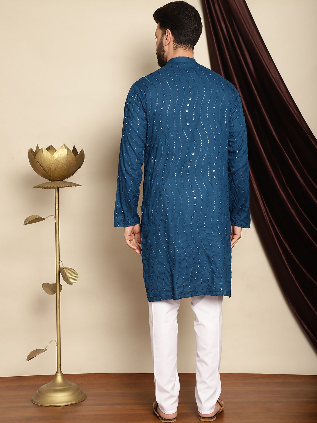 Anouk Teal Blue Mandarin Collar Sequinned Pure Cotton Straight Kurta with Pyjamas