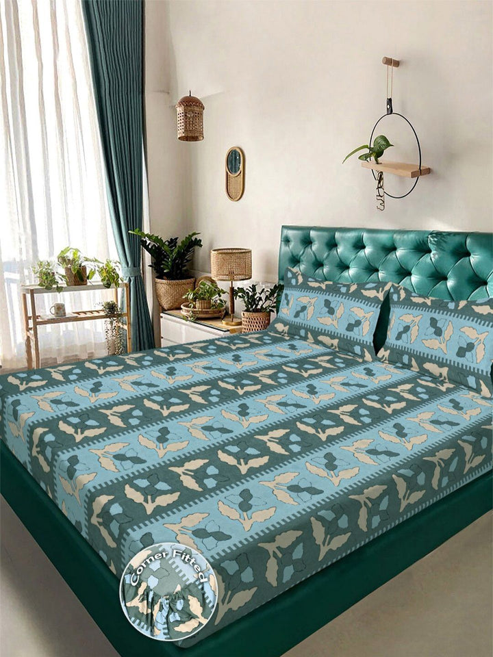 Aura Green & Blue Floral 300 TC Fitted Double King Bedsheet Set 2.50 m x 2.25 m
