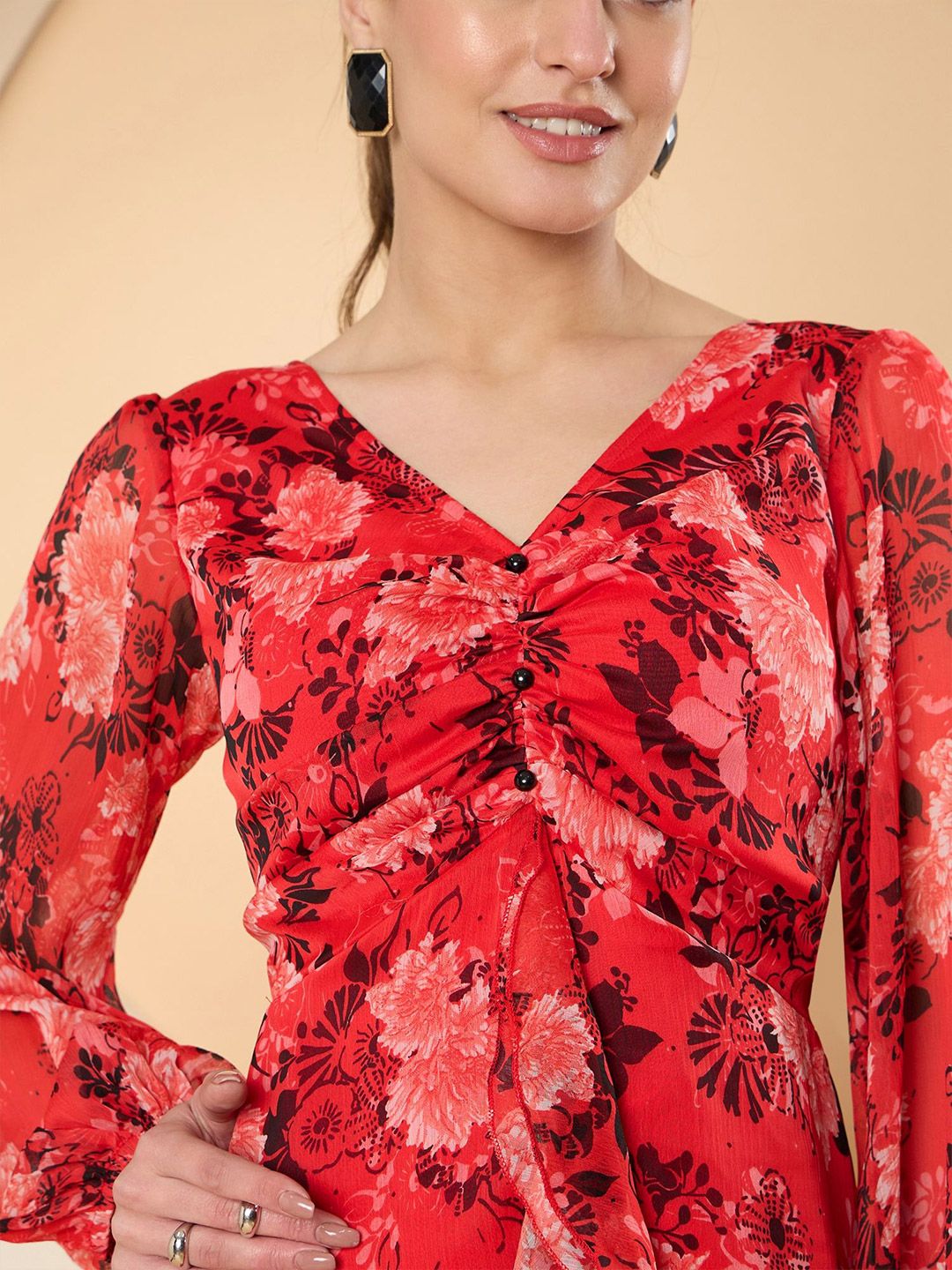 Antheaa Floral Print Flared Sleeve Chiffon A-Line Midi Dress