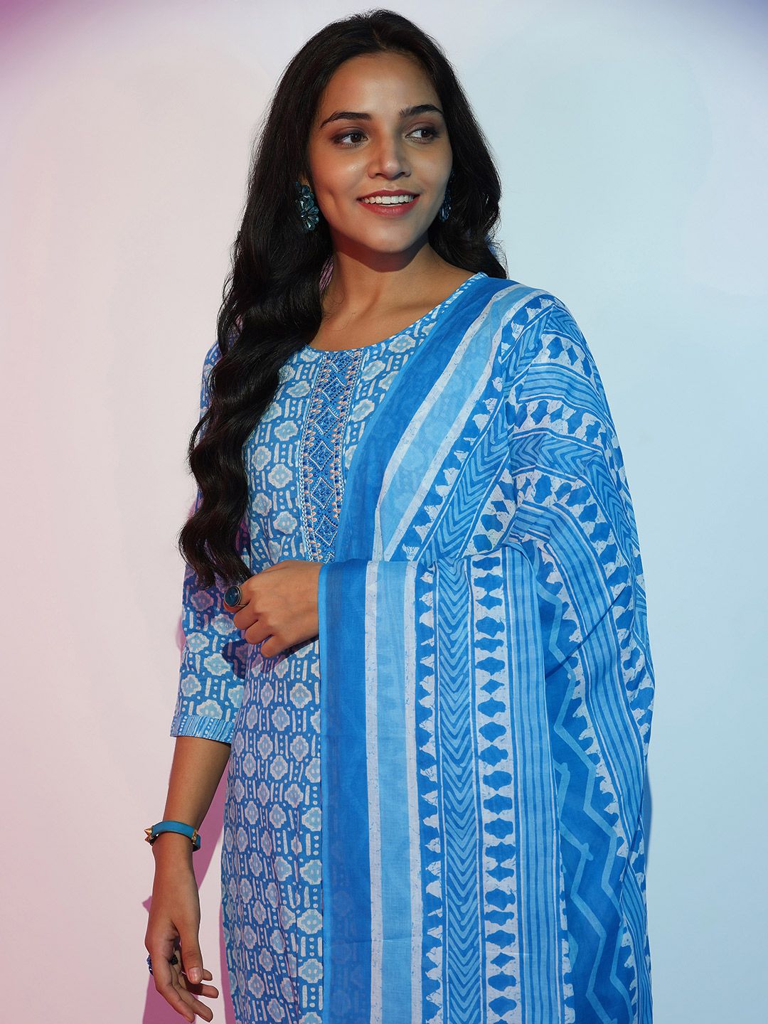 Libas Ethnic Motifs Printed Thread Work Pure Cotton Straight Kurta With Trousers & Dupatta