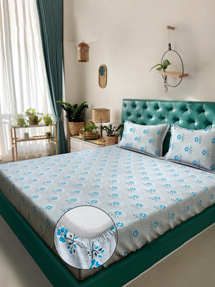 KLOTTHE Blue Floral Printed Dilengkapi 400 TC Kapas Cadar King & 2 Sarung Bantal