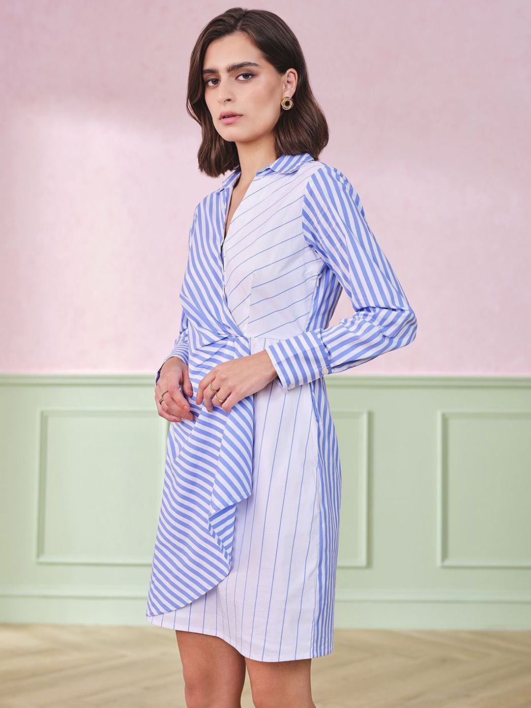 AND Striped Shirt Collar A-Line Dress