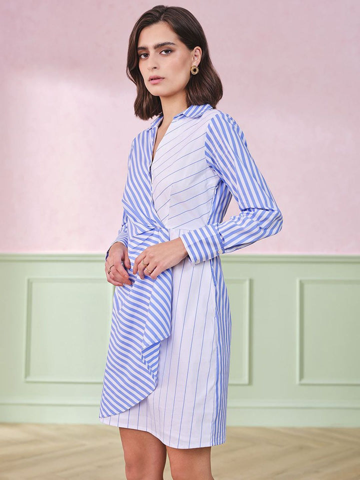 AND Striped Shirt Collar A-Line Dress