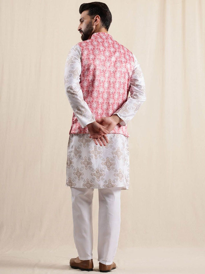 Anouk Geometric Printed Linen Straight Kurta With Pyjamas & Nehru Jacket