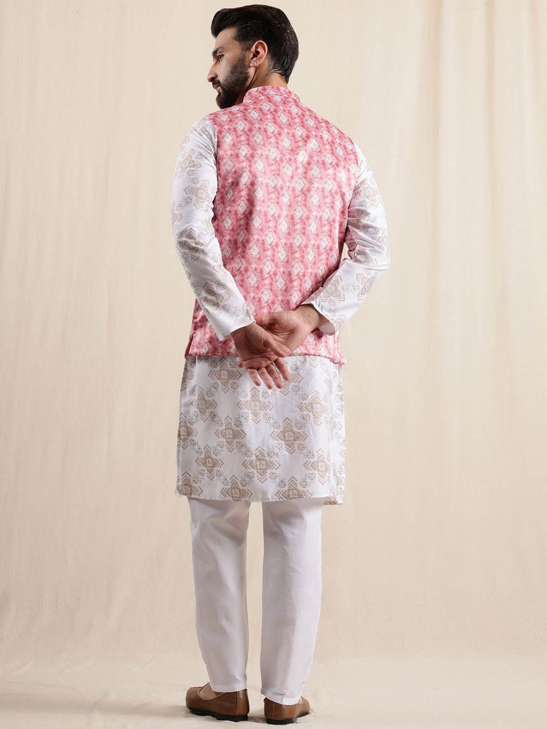 Anouk Geometric Printed Linen Straight Kurta With Pyjamas & Nehru Jacket