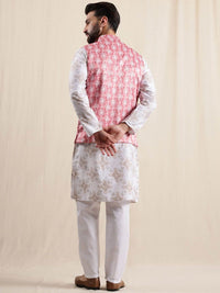 Anouk Geometric Printed Linen Straight Kurta With Pyjamas & Nehru Jacket