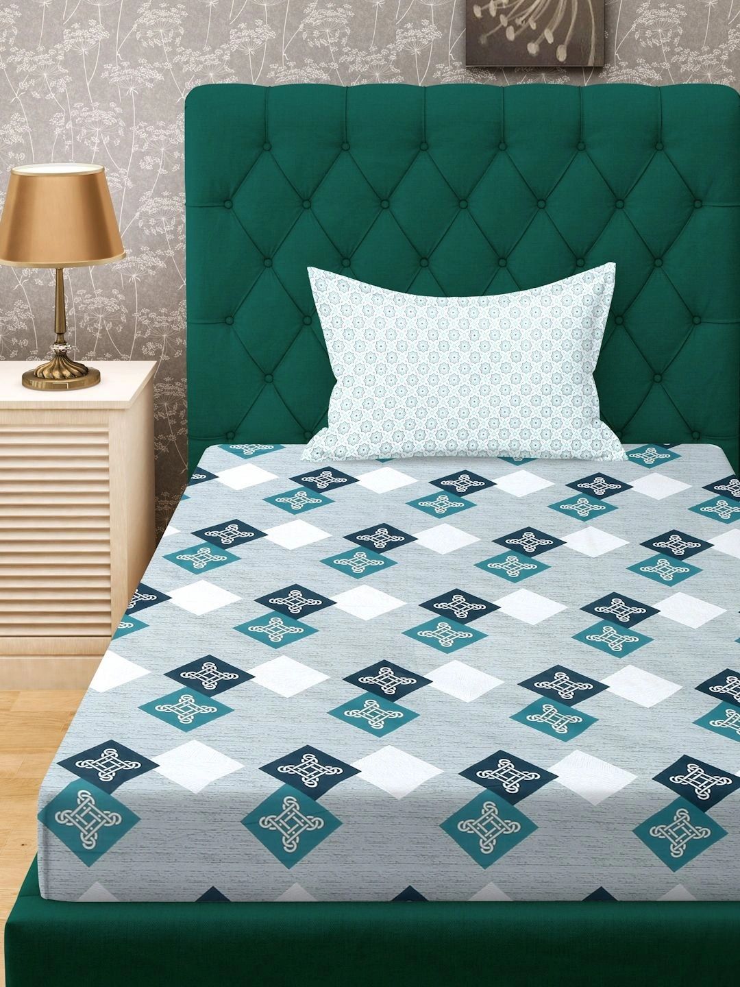 Myntra Elegant Homes Turquoise Blue & White Geometric 400 TC Single Bedsheet with 1 Pillow Covers