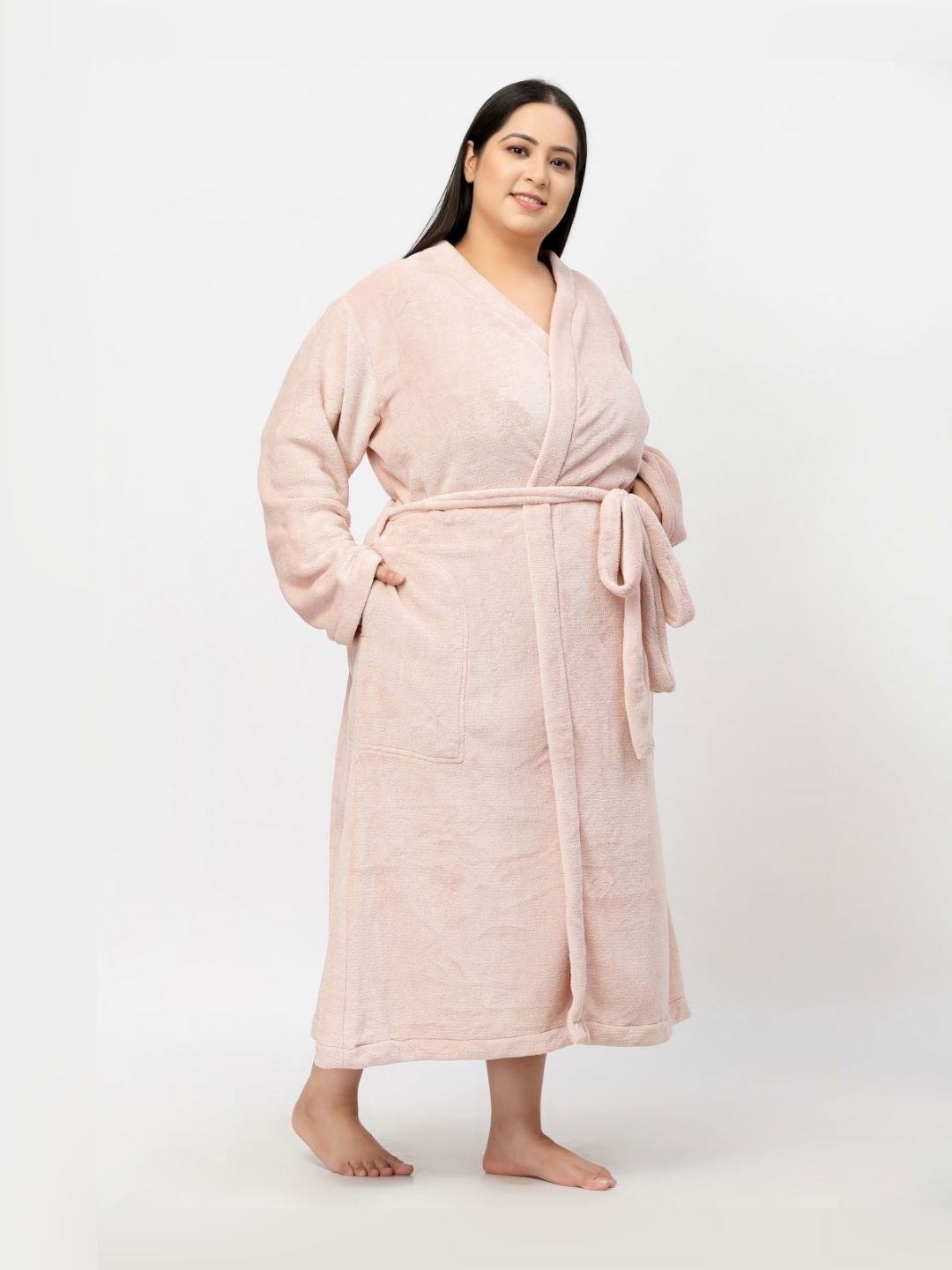 KLOTTHE Woolen Plus Size Pink Bath Robe With Belt