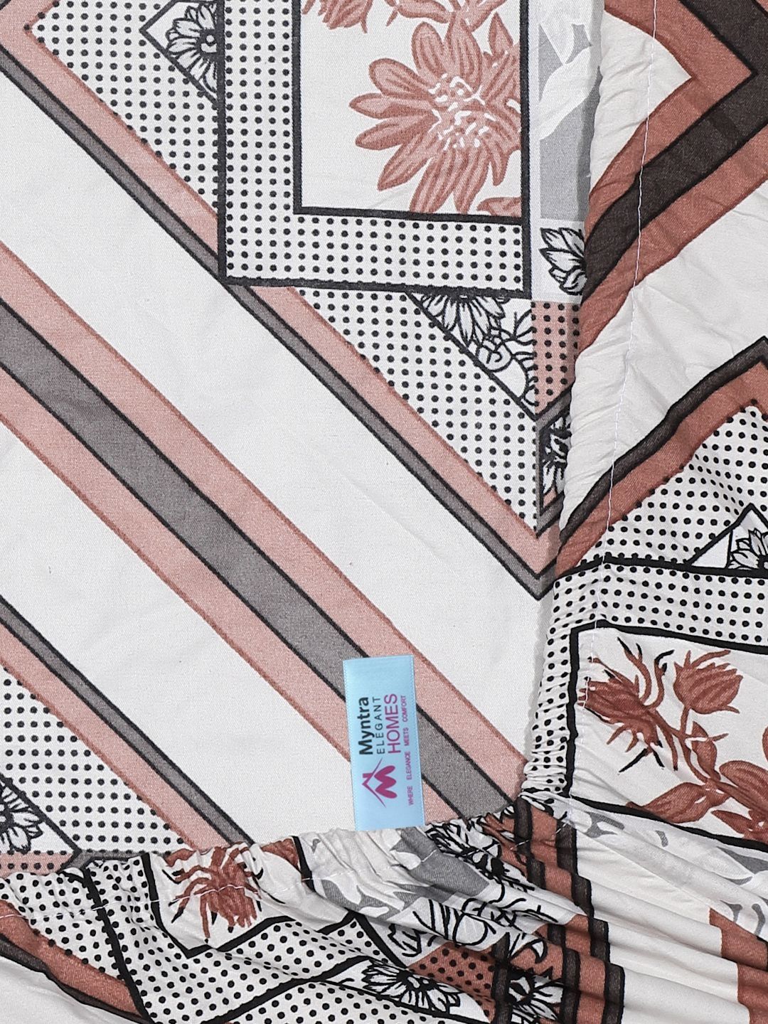Myntra Elegant Homes White Geometric Cotton 300 TC Fitted Super King Fine Bedsheet with 2 Pillow Covers-106 x 106 inches