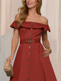 all about you Women Solid Belted Off-Shoulder A-Line Midi Dress