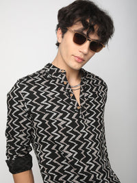 VASTRADO Chevron Ikat Printed Mandarin Collar Straight Short Kurta