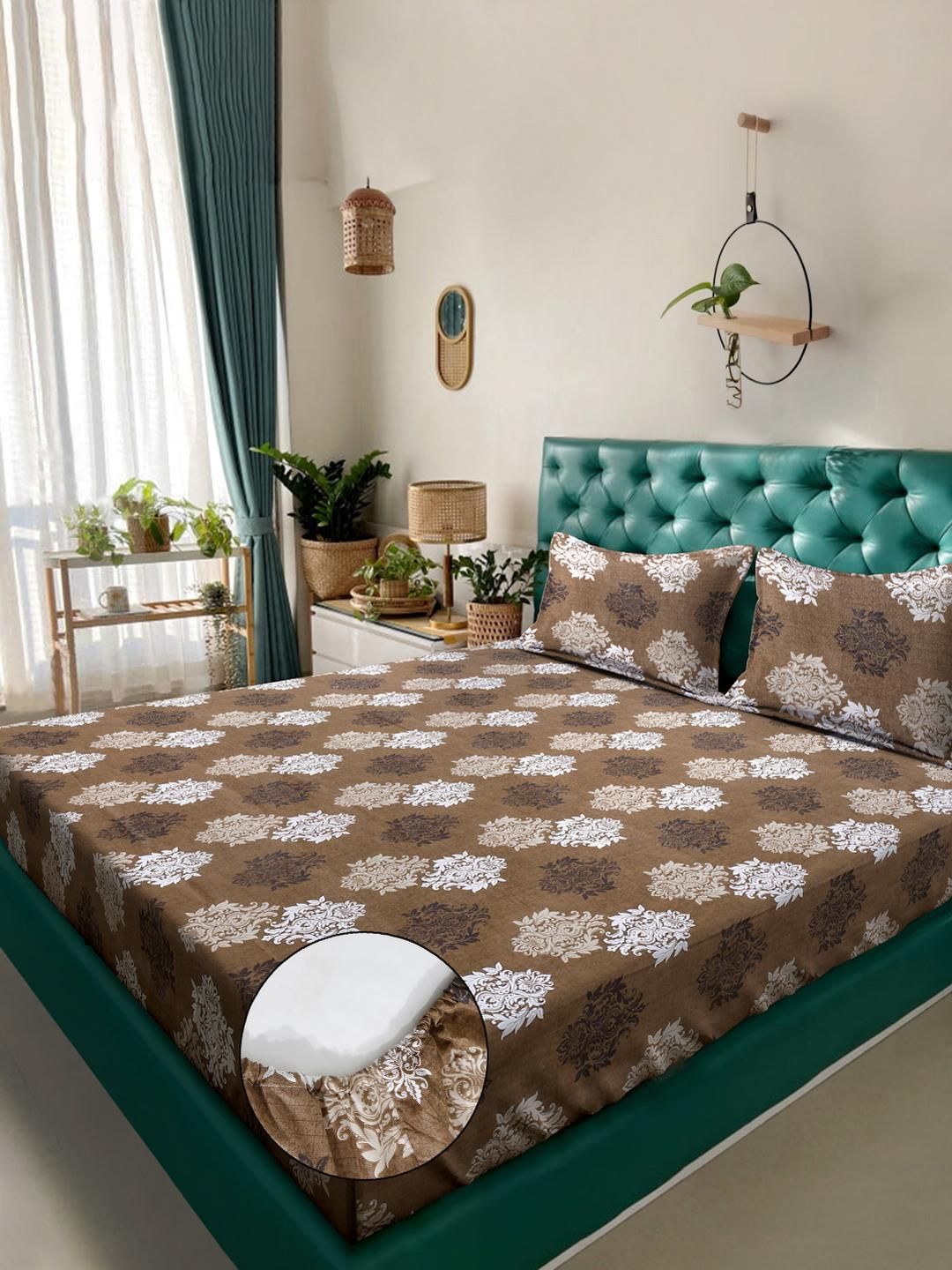 KLOTTHE Coklat Bercetak Bunga Dilengkapi 400 TC Kapas Cadar King & 2 Sarung Bantal