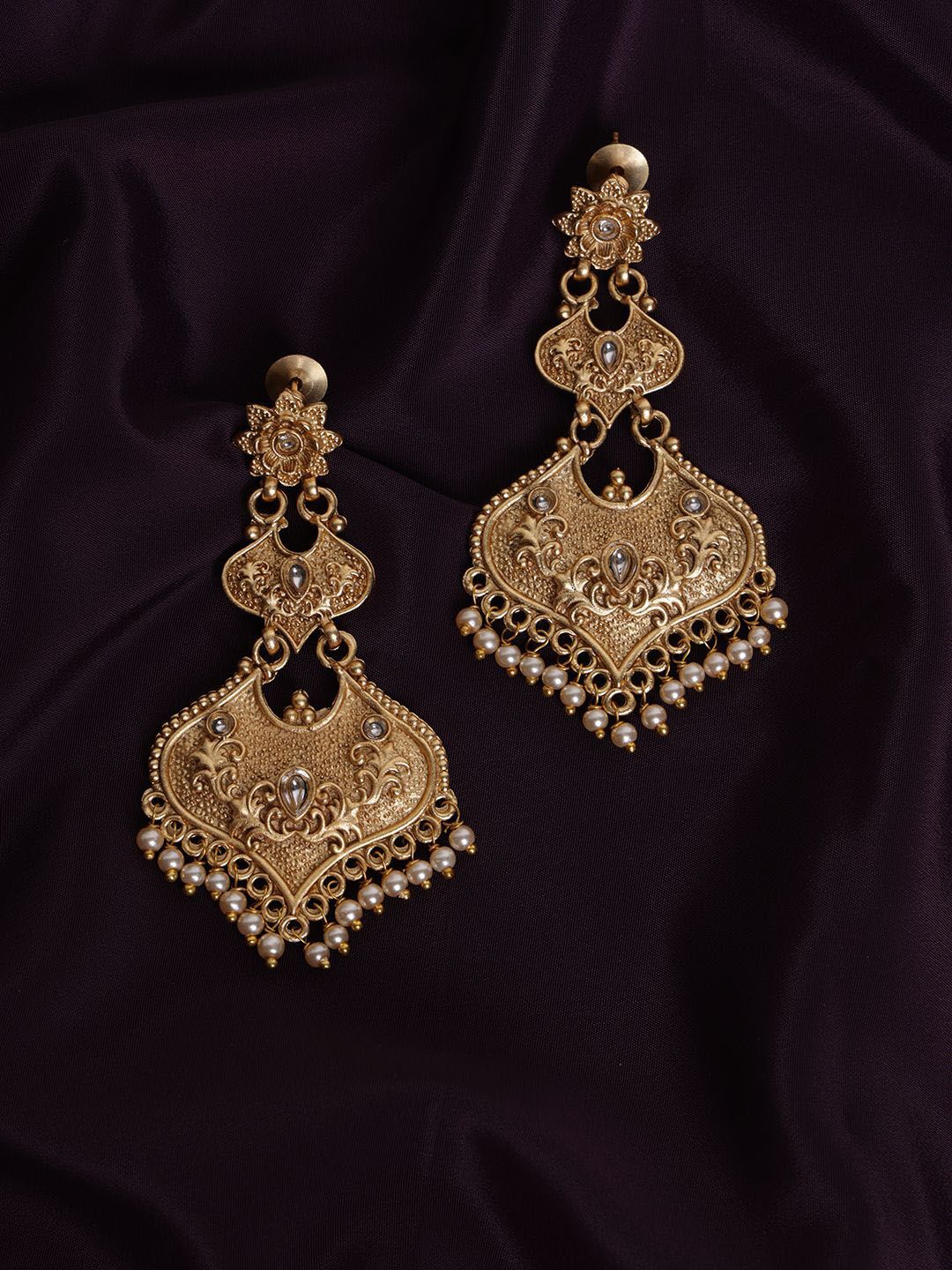 PANASH Gold Plated Kundan Contemporary Drop Earrings