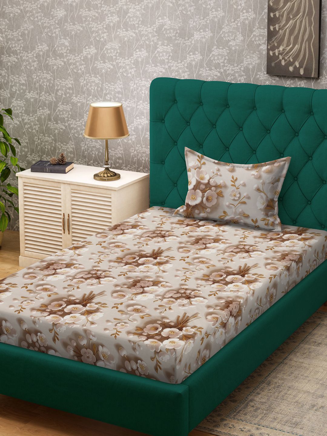 KLOTTHE Cream & Brown Floral Printed Flat 300 TC Single 7D Bedsheet With Pillow Cover