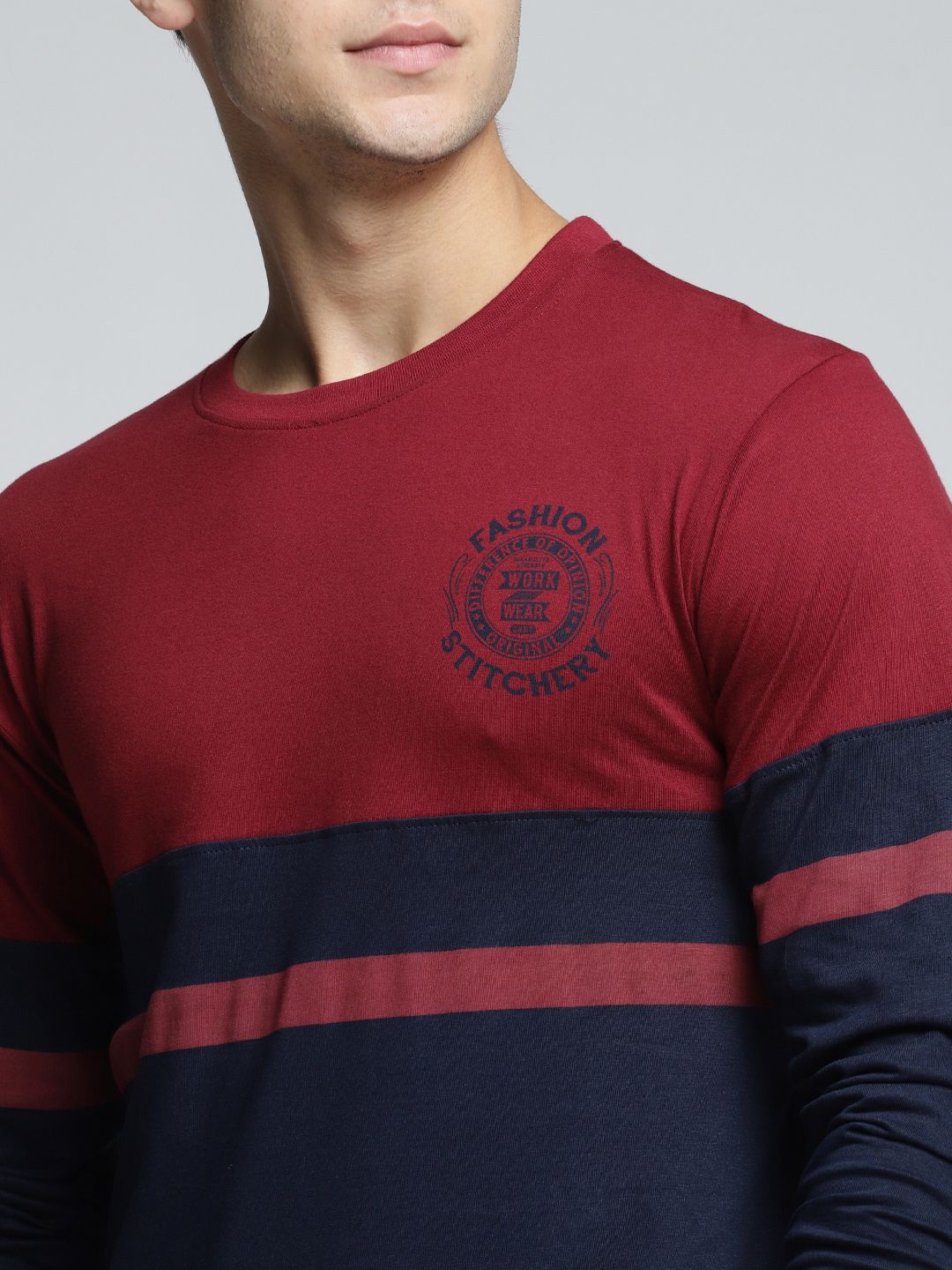 Difference of Opinion Men Maroon  Navy Blue Colourblocked Round Neck Pure Cotton T-shirt
