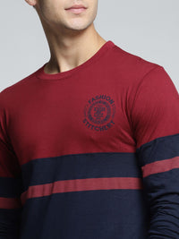 Difference of Opinion Men Maroon  Navy Blue Colourblocked Round Neck Pure Cotton T-shirt