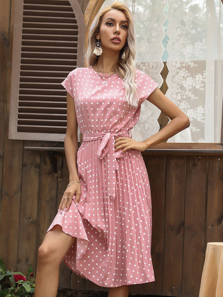 DressBerry Polka Dot Print A-Line Dress with Belt