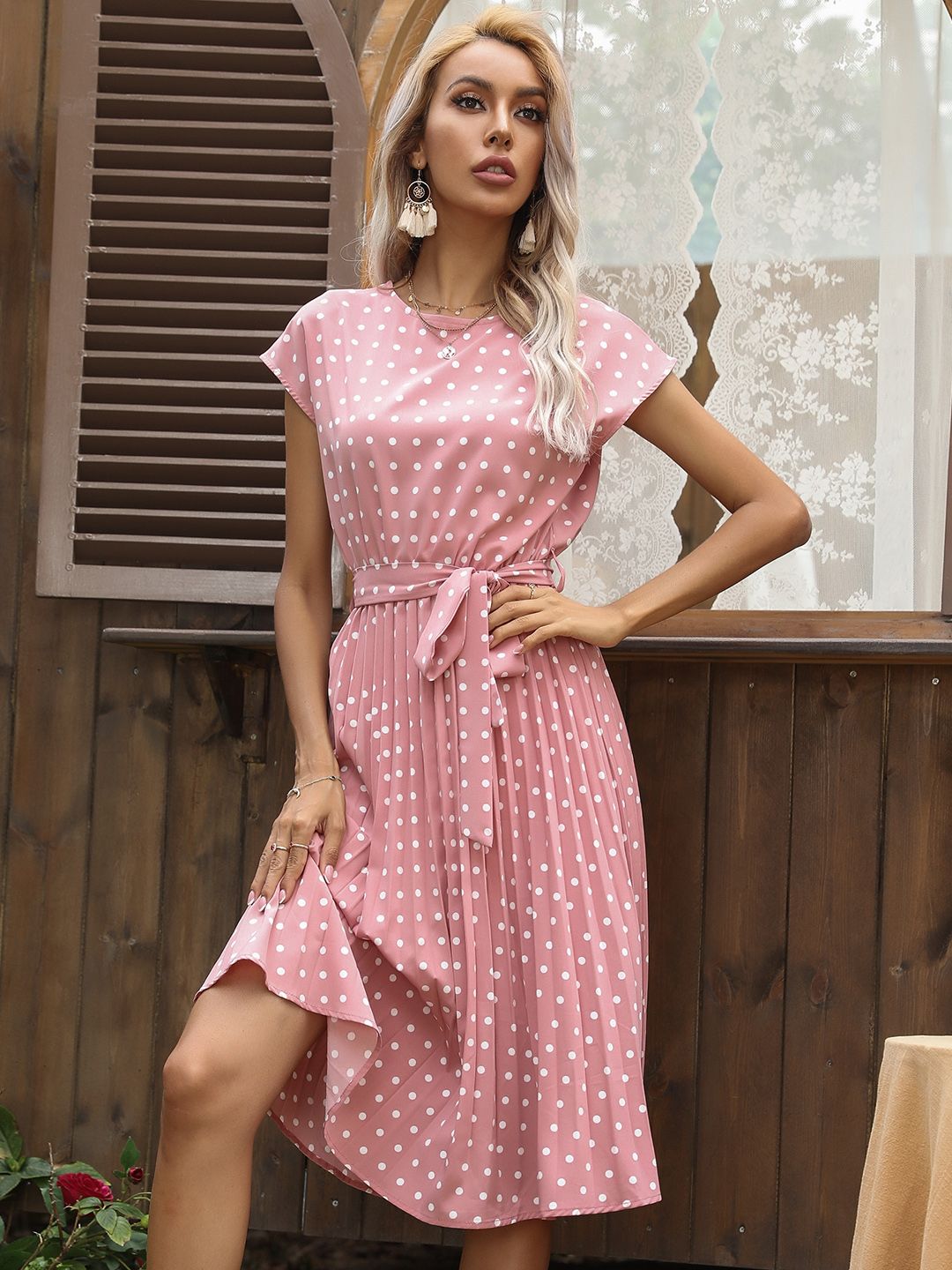 DressBerry Polka Dot Print A-Line Dress with Belt