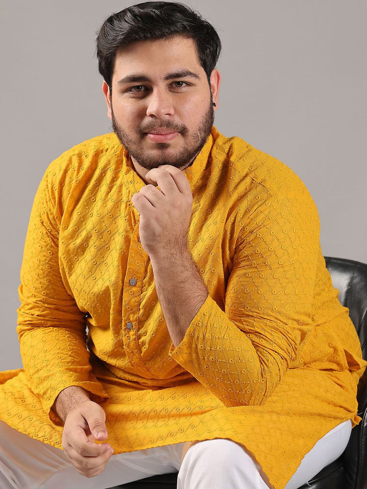 SOJANYA PLUS Size Sulam Chikankari Band Collar Pure Cotton Kurta Lurus