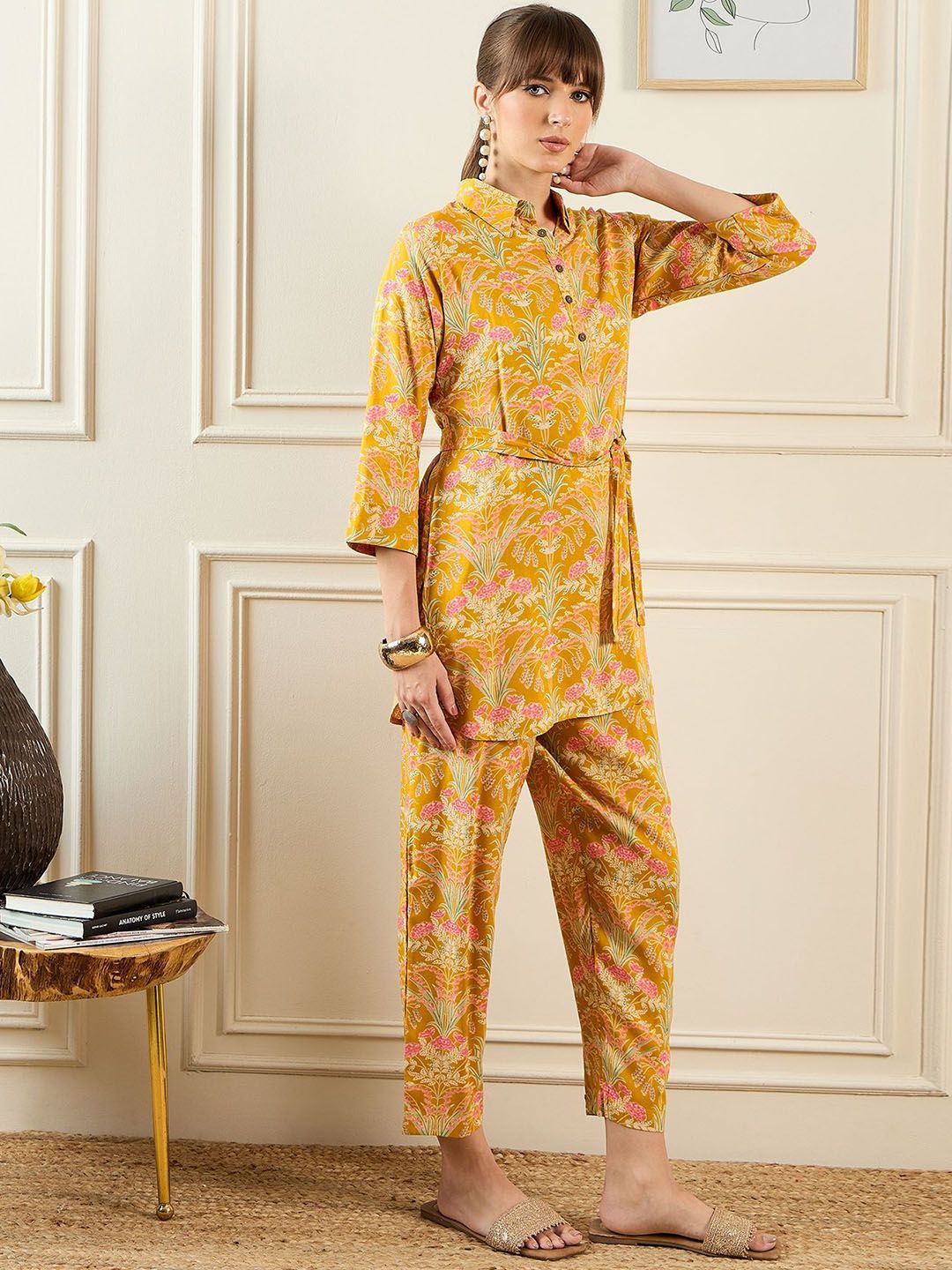 Indo Era Floral Printed Shirt Collar Tunic & Trousers