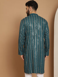 Anouk Teal Striped Band Collar Sequinned Detailed Cotton Straight Kurta