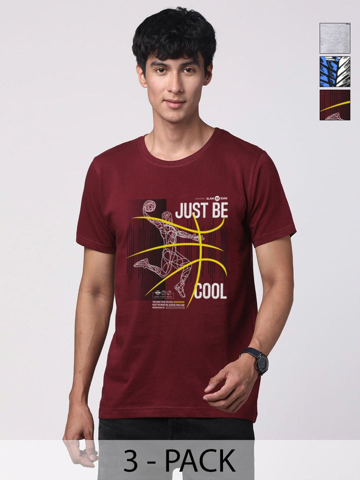 Pek ADRO Lelaki dengan 3 T-shirt Kapas Leher Bulat Bercetak Grafik