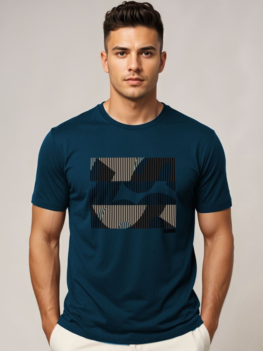 ADRO Geometric Printed Round Neck Skin-Friendly Regular Fit T-shirt