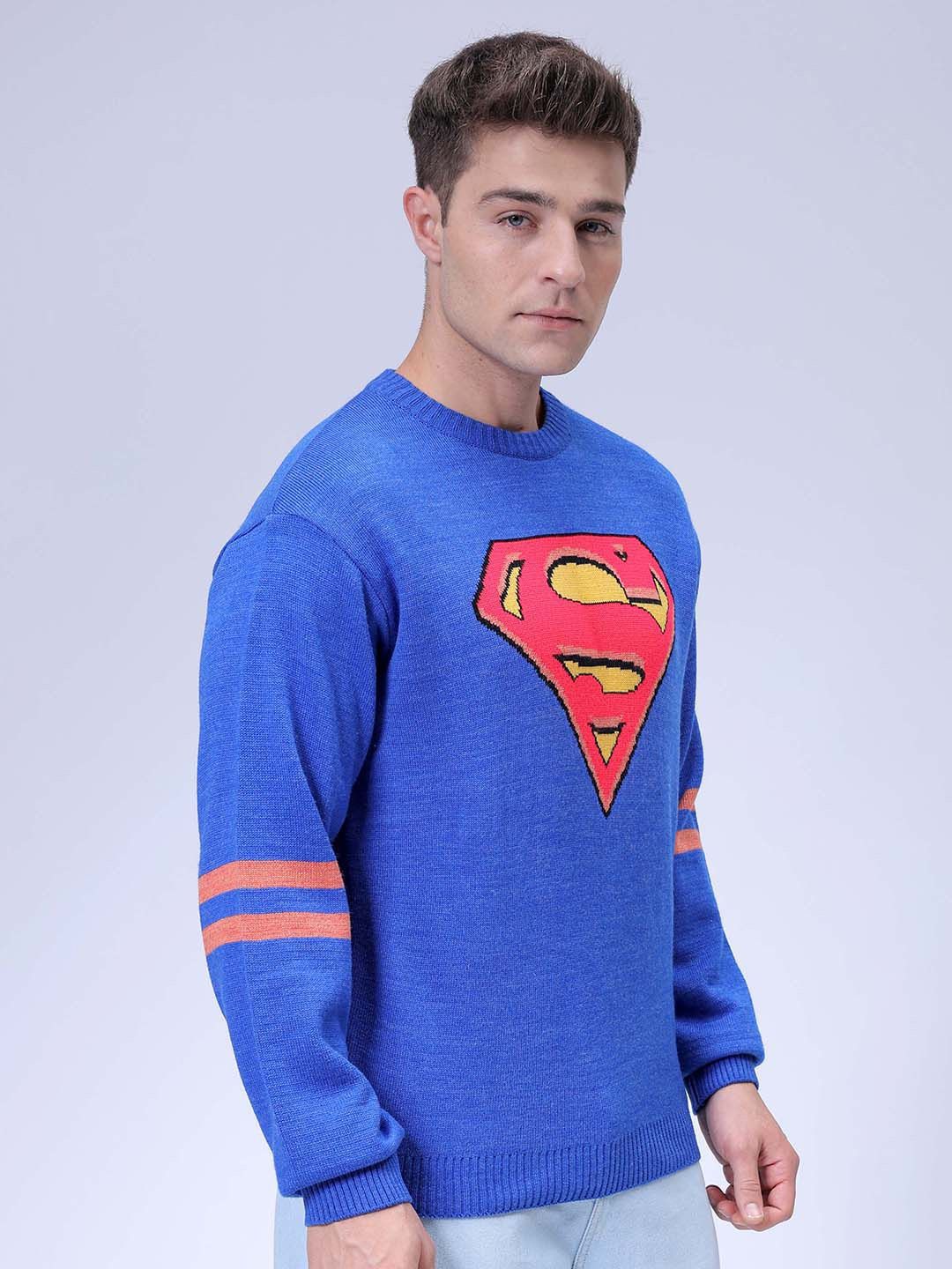 The Indian Garage Co Men Superman Printed Crew Neck Relaxed Fit Jacquard Sweater
