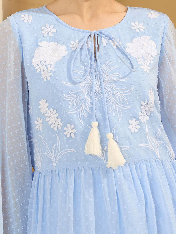Antheaa Embroidered Self Design Tie-Up Neck Chiffon Top