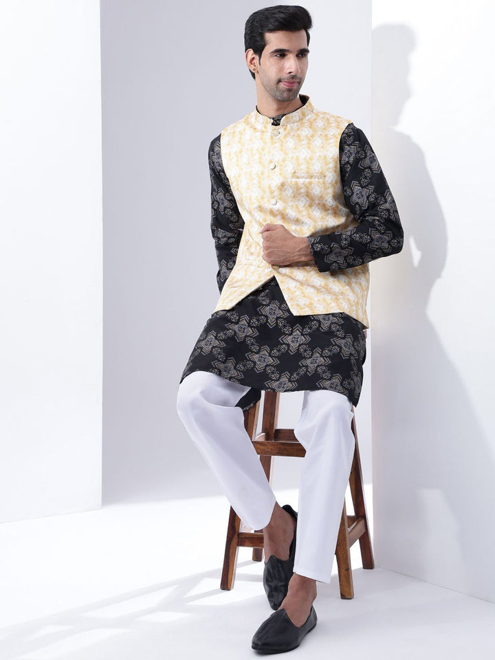 Anouk Men Geometric Printed Straight Kurta with Pyjamas & Nehru Jacket