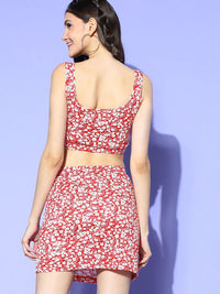 Berrylush Floral Printed Shoulder Straps Crop Top With Skirt