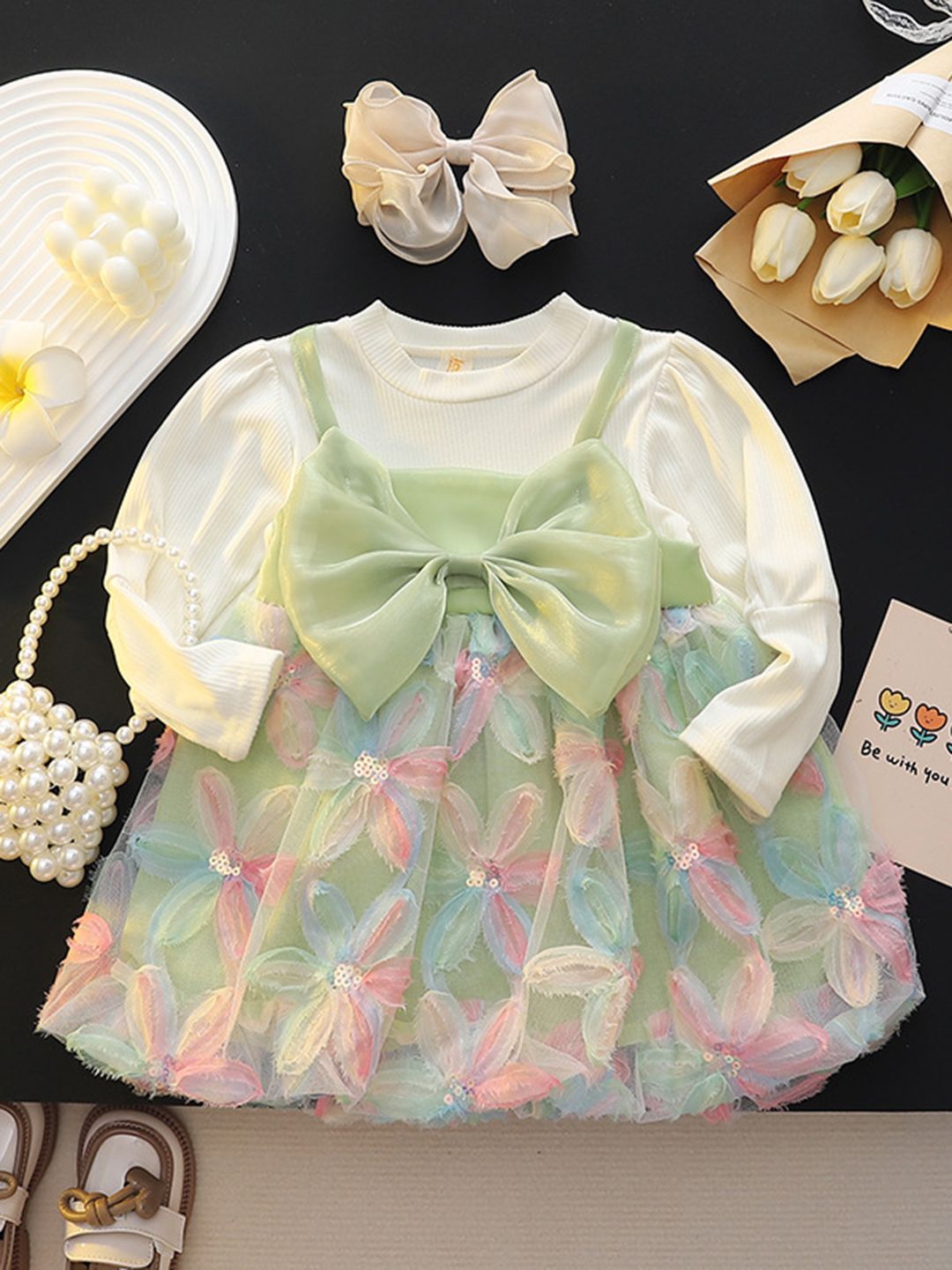 YK Girls Pack of 2 Floral Self Design  Pinafore Dress