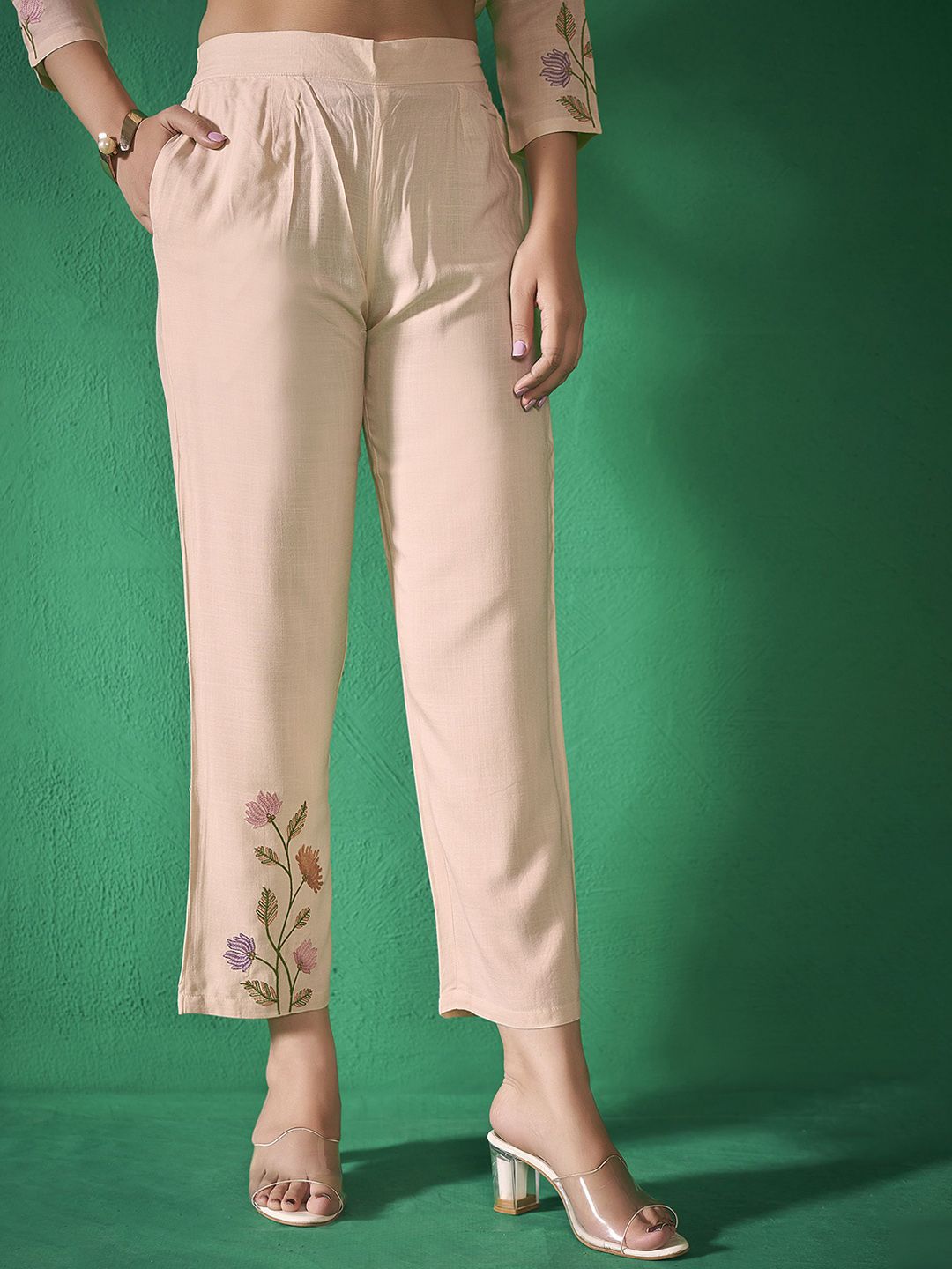 Anouk Beige Shirt Collar Embroidered Liva Shirt & Trouser