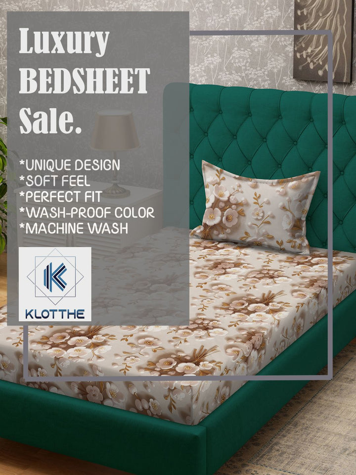 KLOTTHE Cream & Brown Floral Printed Flat 300 TC Single 7D Bedsheet With Pillow Cover