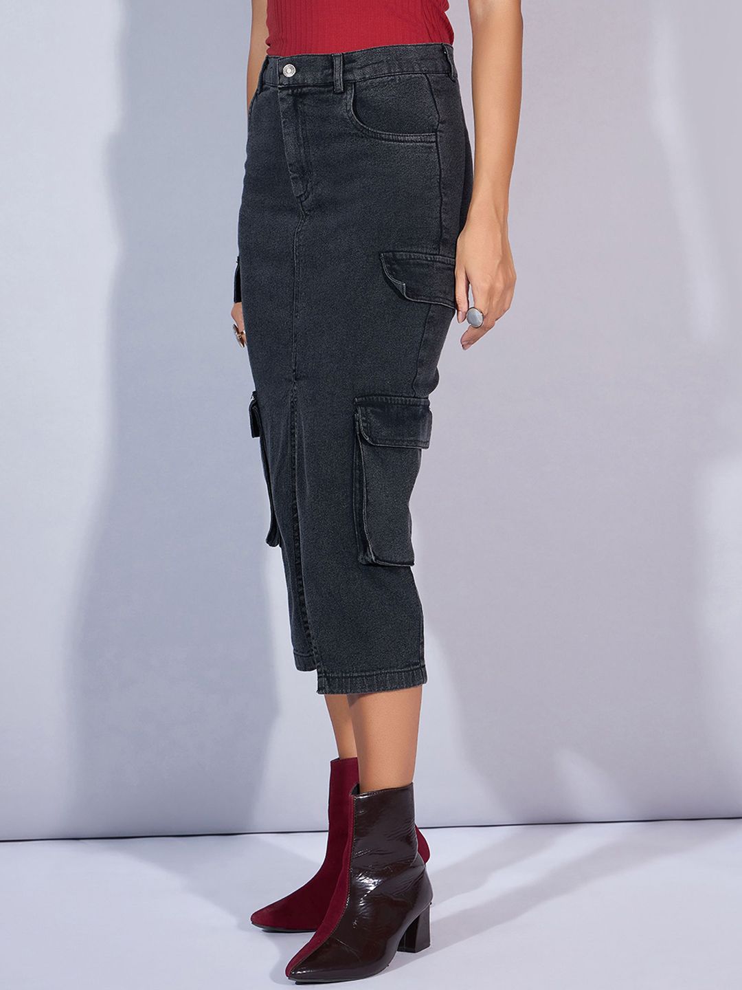 SASSAFRAS Denim Straight Midi Cargo Styles Skirts