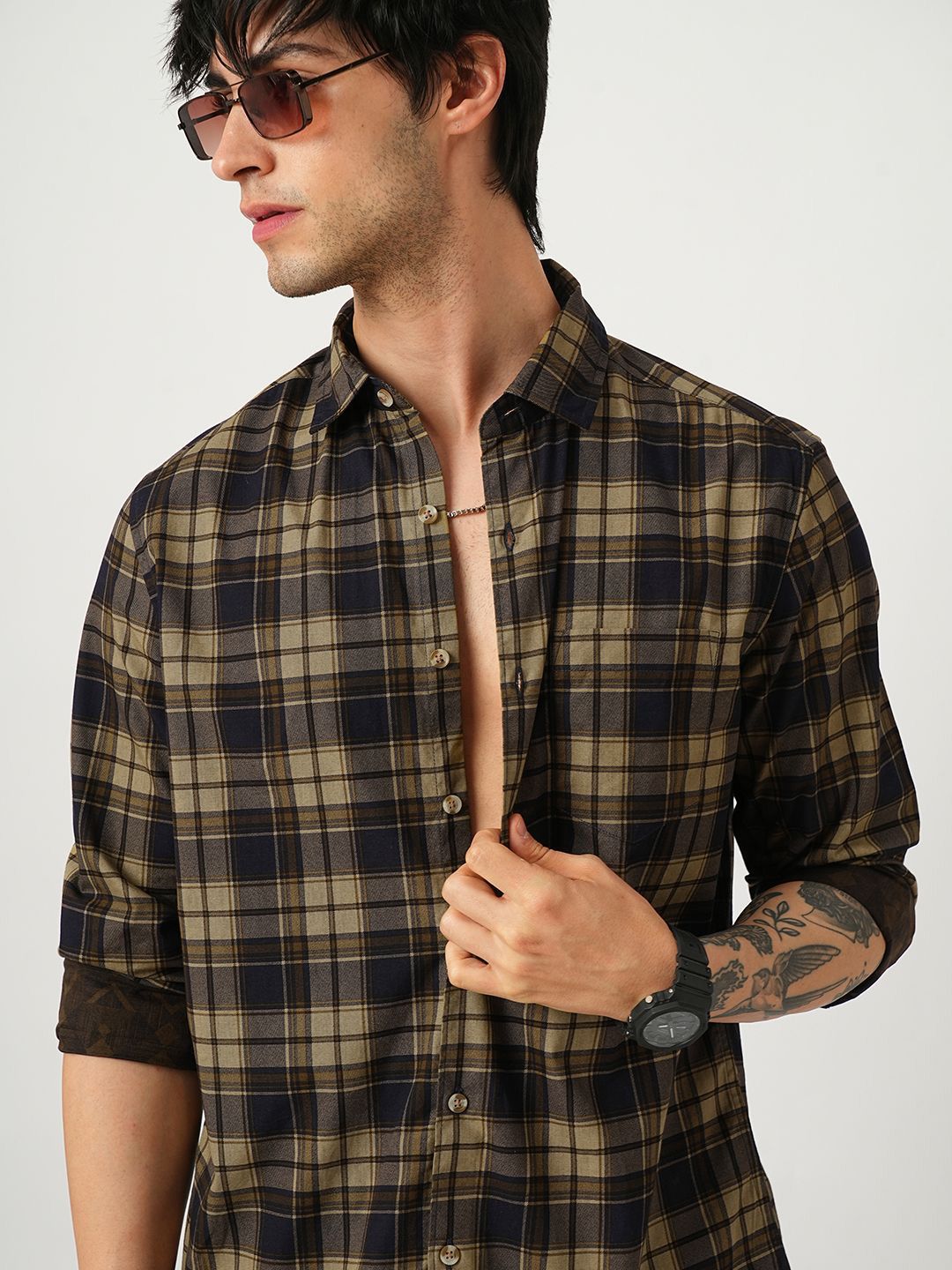 VASTRADO Men Classic Spread Collar Tartan Checked Cotton Slim Fit Casual Shirt