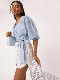 DressBerry Stylish Petal Strip Print Semi Sheer Crop Wrap Top With Inner Slip
